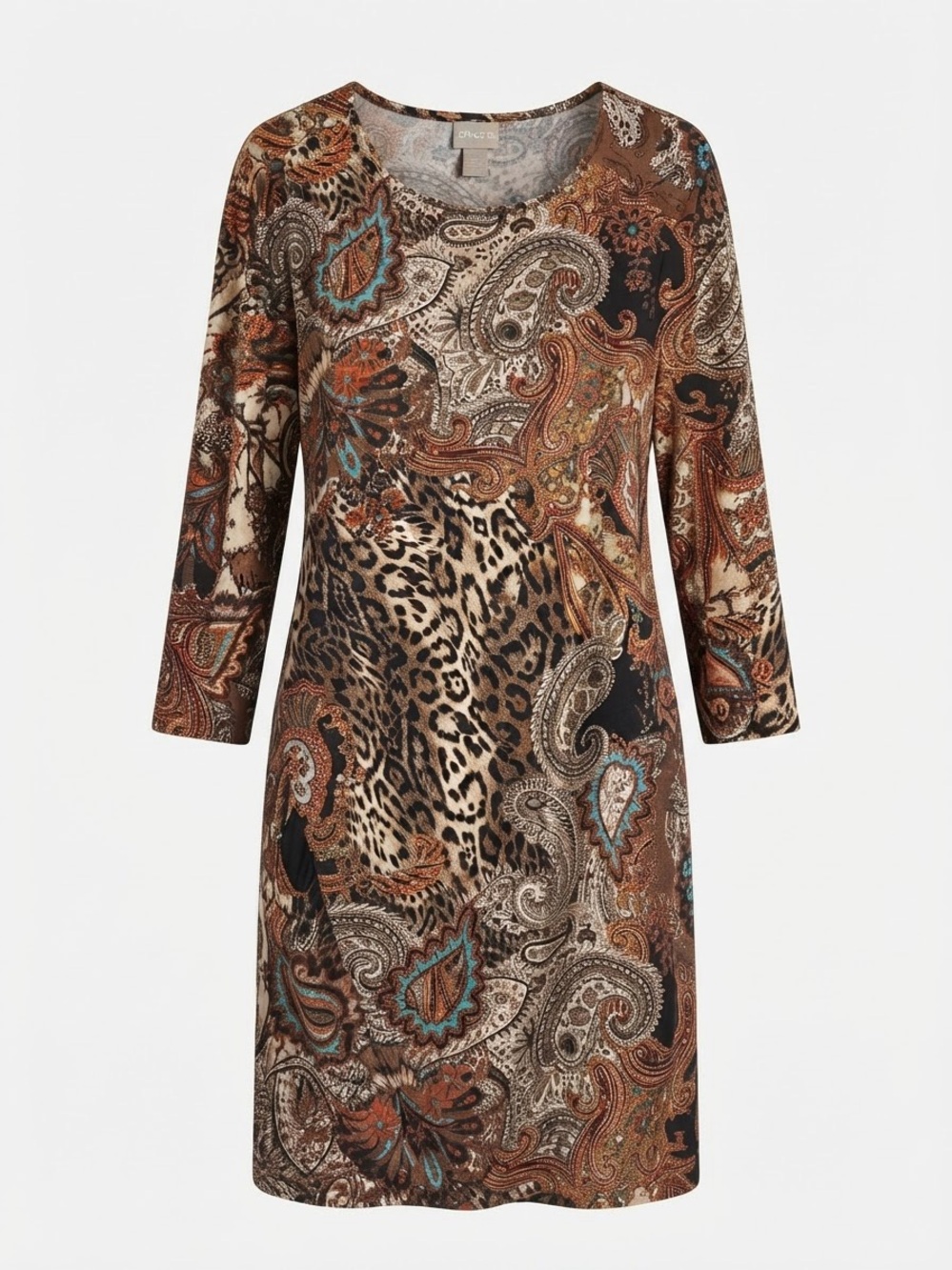 Chico's Brown Paisley & Leopard Print Long Sleeve Shift Dress